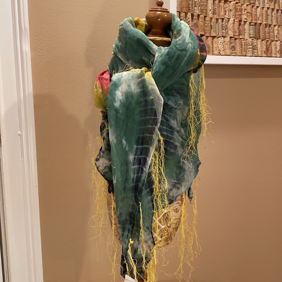 Elizabeth Gillett Riley Cotton Multi Colored Scarf with Yellow Tassels - Picture 4 of 13